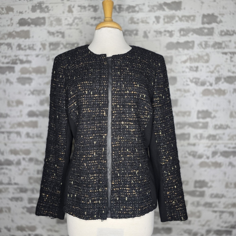 Lafayette 148 New York 2 Piece Skirt Suit Womens 14/16 Black Boucle Knit Leather